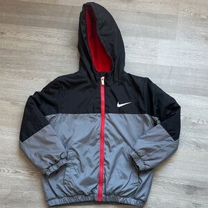 Nike Kids Black and Gray Puffer Jacket with Red Accents